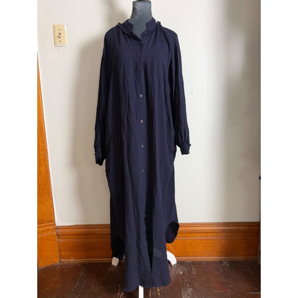 Black Crane Navy Blue Wool Rayon Maxi Shirt Dress lagenlook euro summer flowy M